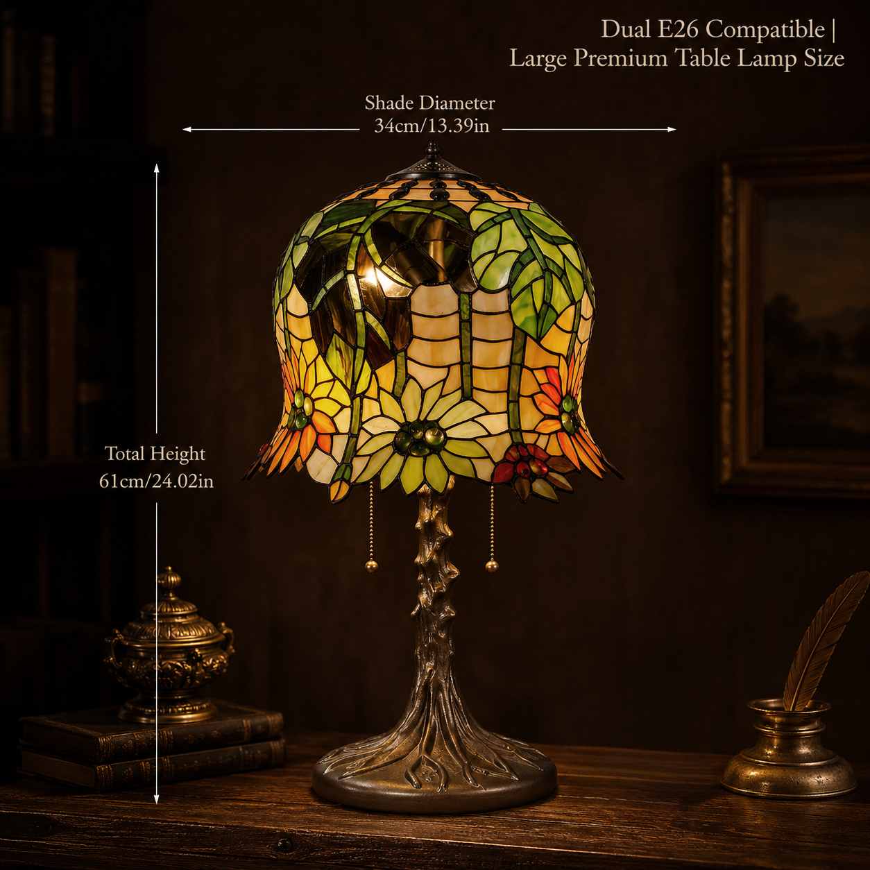 Sunflower Tiffany lamp showing off and on lighting effect with warm glowing stained glass shade