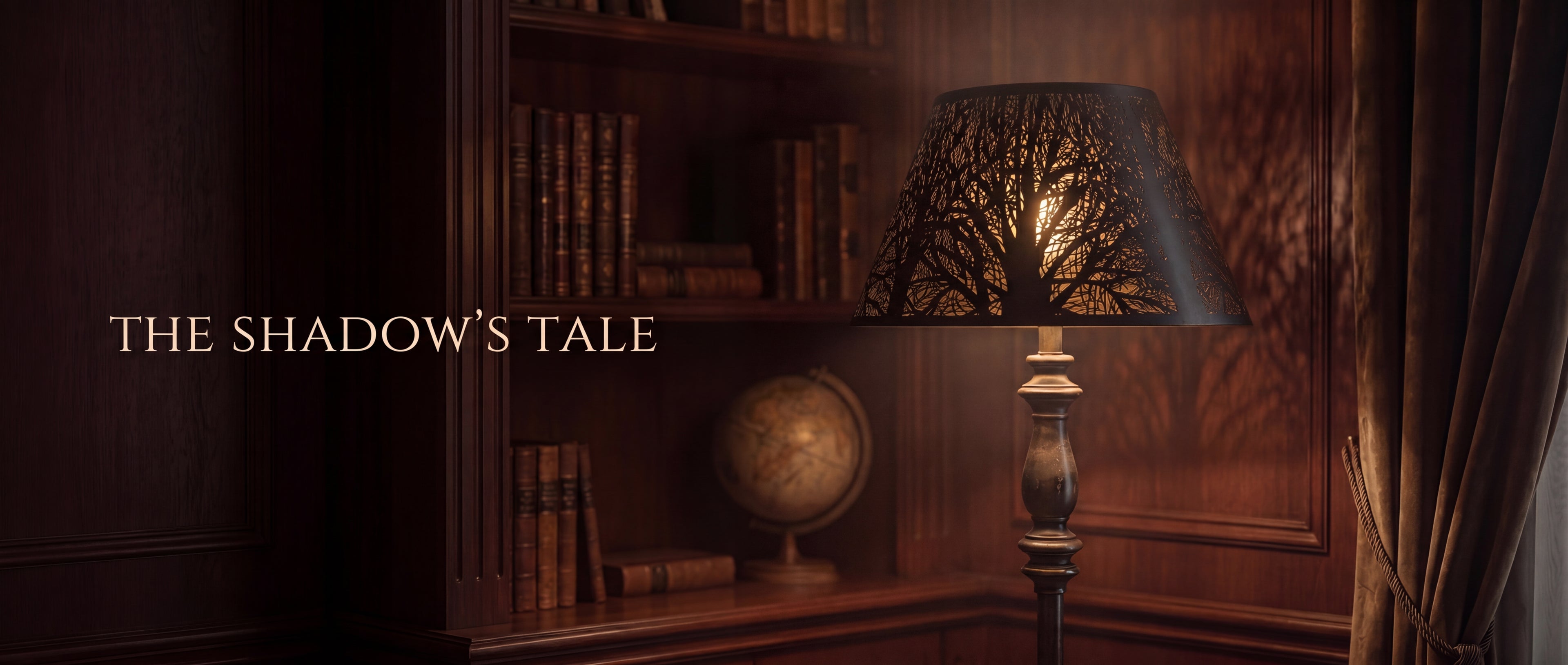 Modern Forest Etched Metal Lamp Shade - "The Shadow's Tale" on Vintage Brass Floor Lamp in Classic Wood Paneled Study with Antique Leather Bookshelf, Decorative Globe, Heavy Velvet Curtains, Black Metal Exterior Casts Intricate Tree Branch and Leaf Shadow Projection on Wood Wall, Gold Interior Creates Warm Ambient Glow, 7"x13"x7.8" Replacement Shade for Floor Lamps, Table Lamps, Decorative Fixtures, Enhances Both Modern and Vintage Interiors