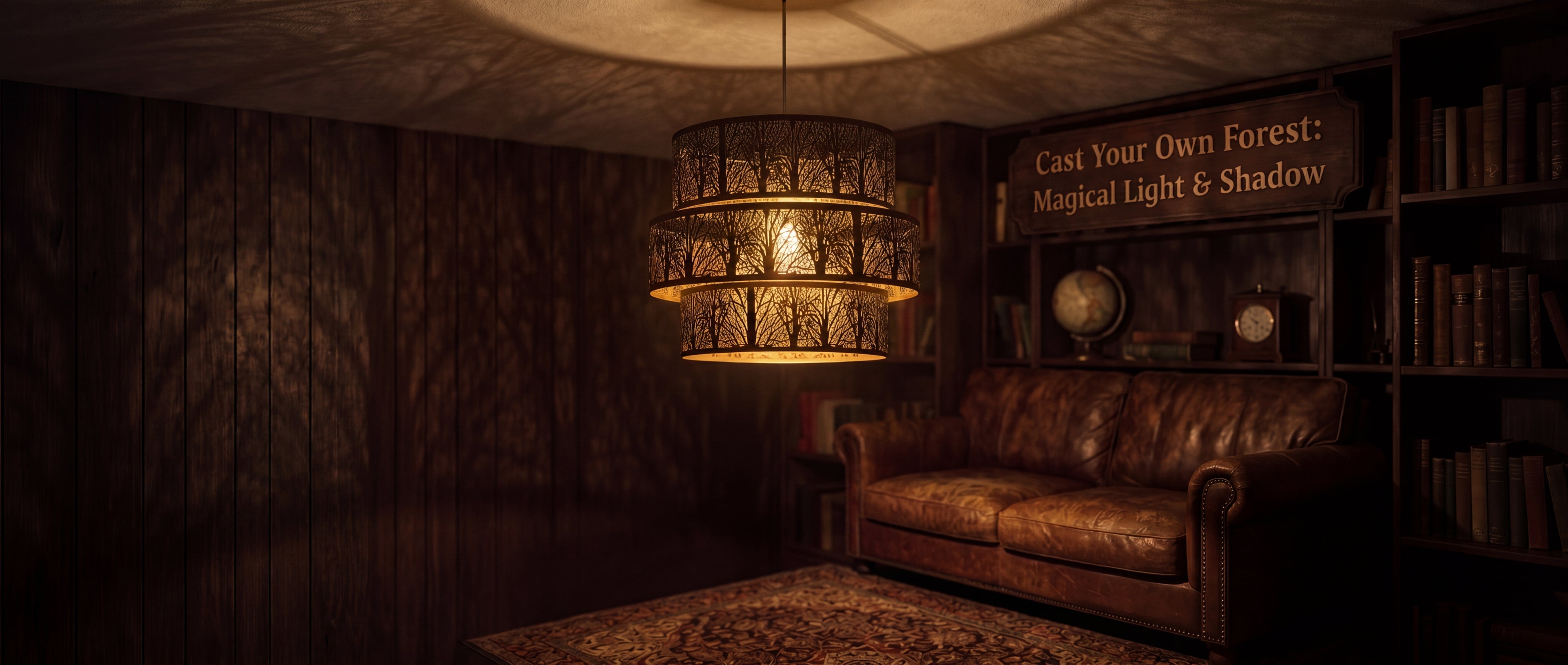 3-Tier Drum Metal Lampshade - Cast Your Own Forest Magical Light and Shadow, Black and Gold Forest Etching Design, 11.8x9 inches, Creates Warm Tree Shadow Projection on Ceiling and Walls, Vintage Industrial Chandelier Pendant Lamp Shade for Living Room Study and Library