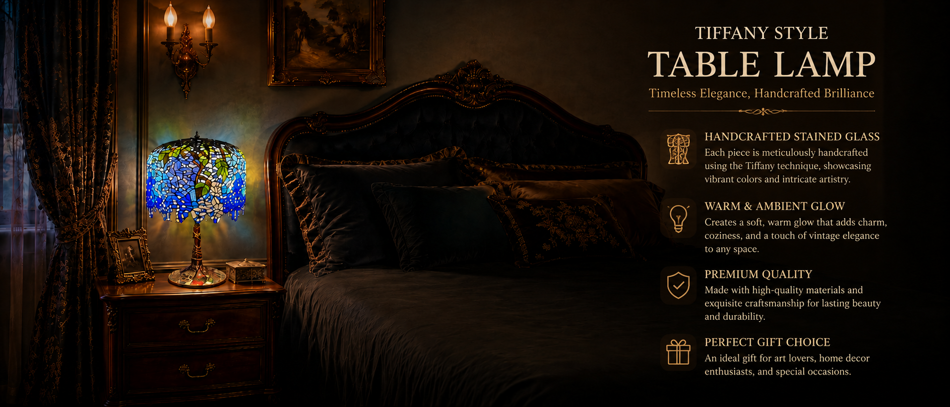 Tiffany bedside lamp beside a luxury bedroom nightstand providing warm romantic stained glass illumination