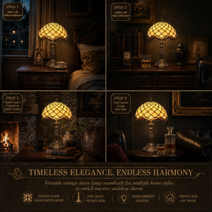 Tiffany bedside lamp displayed in vintage bedroom and living spaces creating warm ambient lighting and elegant home decor