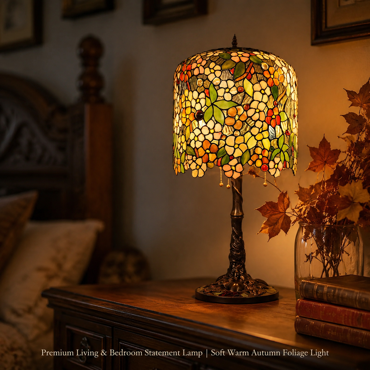 Apple Blossom Tiffany bedside lamp placed on a nightstand creating a warm decorative bedroom lighting atmosphere