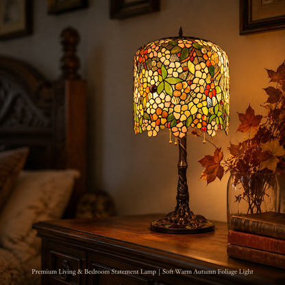 Apple Blossom Tiffany bedside lamp placed on a nightstand creating a warm decorative bedroom lighting atmosphere