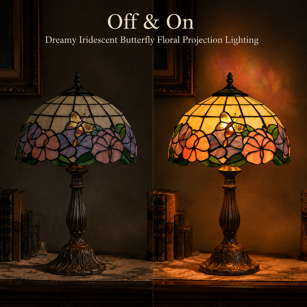 Butterfly Tiffany bedside lamp showing off and on lighting effect with warm stained glass glow projection