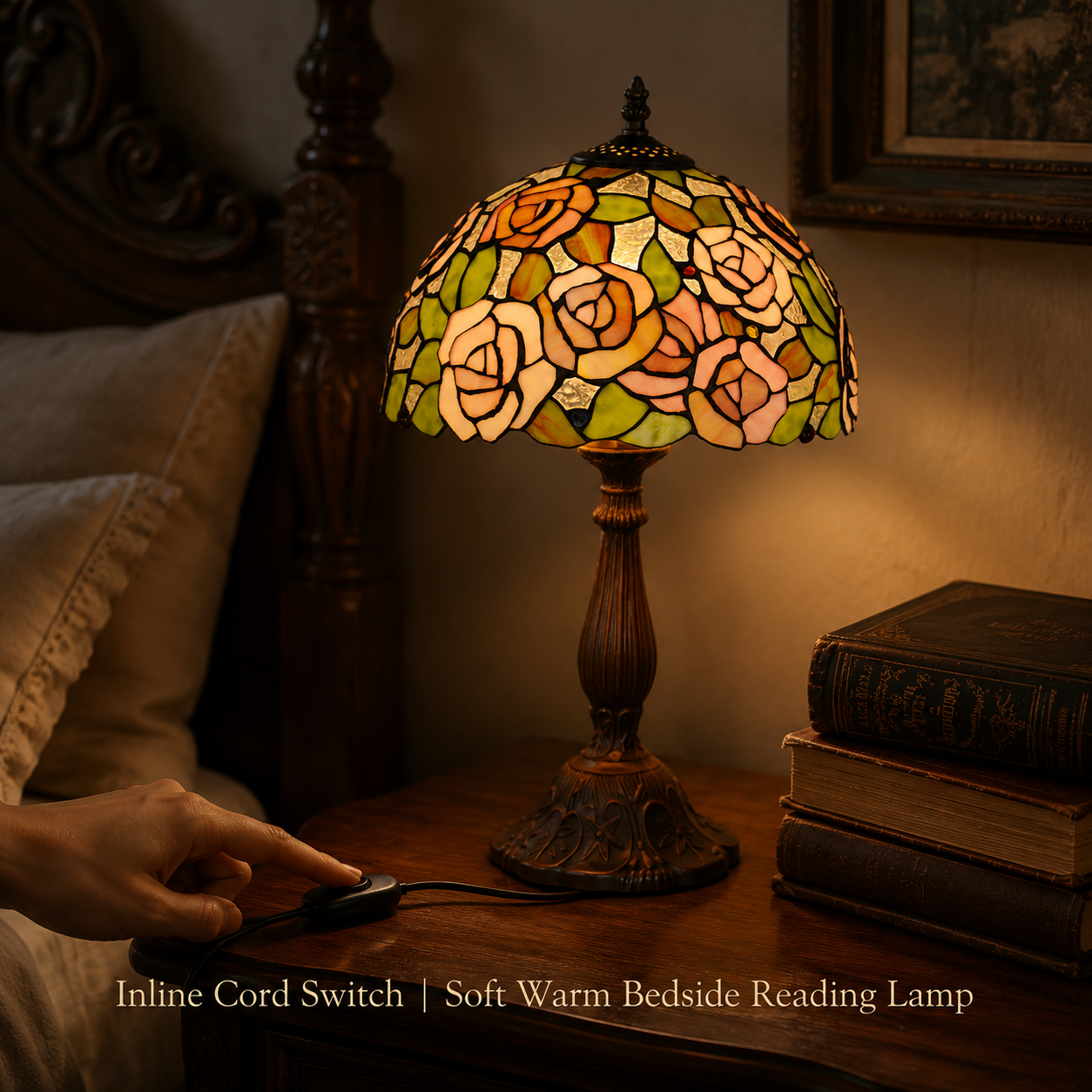 Pink rose Tiffany bedside lamp on bedroom nightstand providing soft warm reading light with handmade stained glass floral shade