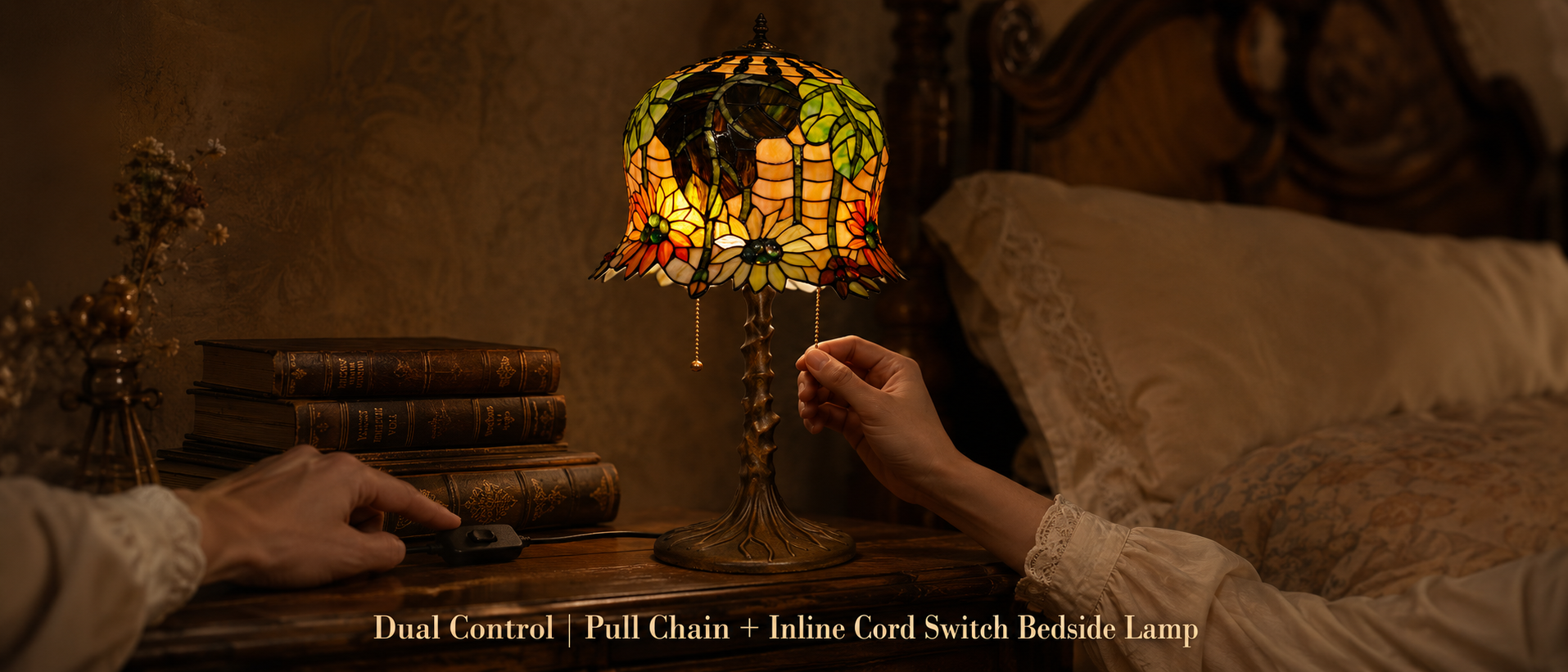 Tiffany bedside reading lamp placed on a nightstand with pull chain control and warm bedroom lighting