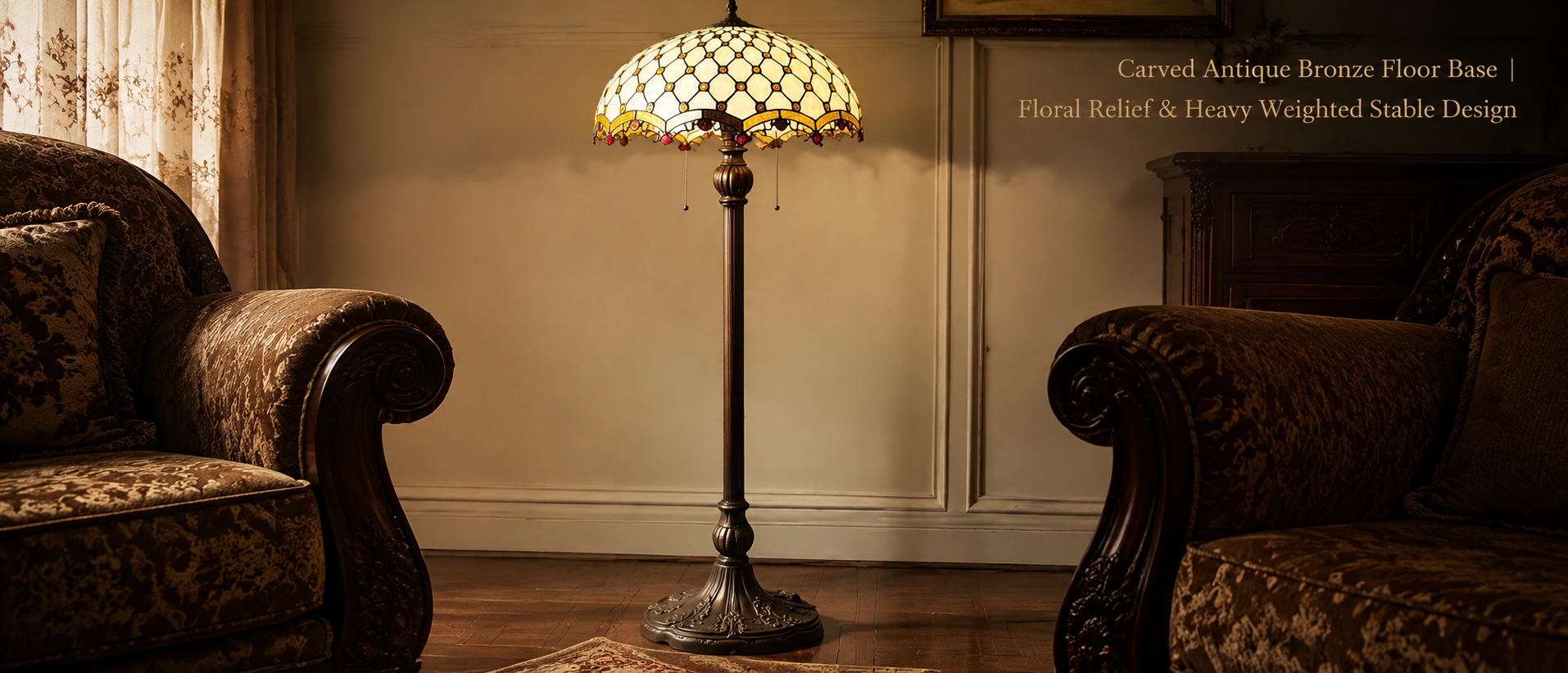 Luxury Tiffany floor lamp with antique bronze base creating warm ambient lighting in an elegant vintage living room