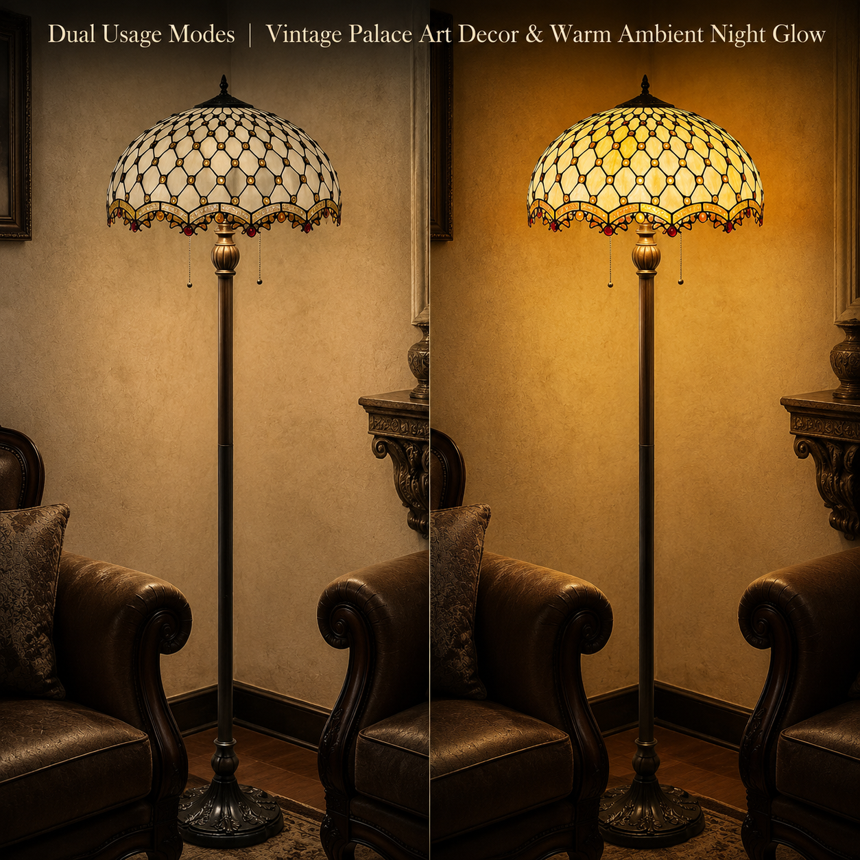Tiffany floor lamp showing warm ambient lighting effect with stained glass shade illuminated
