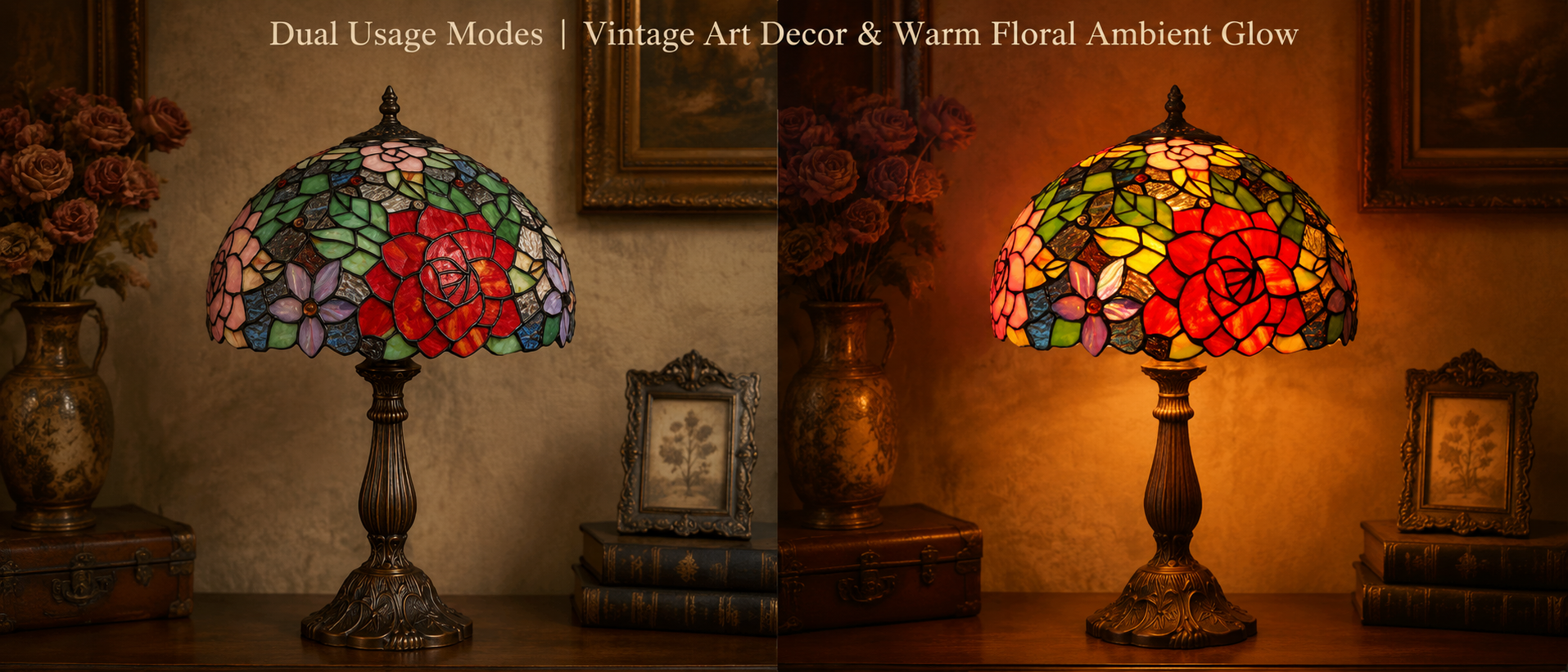 Tiffany lamp showing natural stained glass colors and warm glowing illumination for elegant bedroom ambience