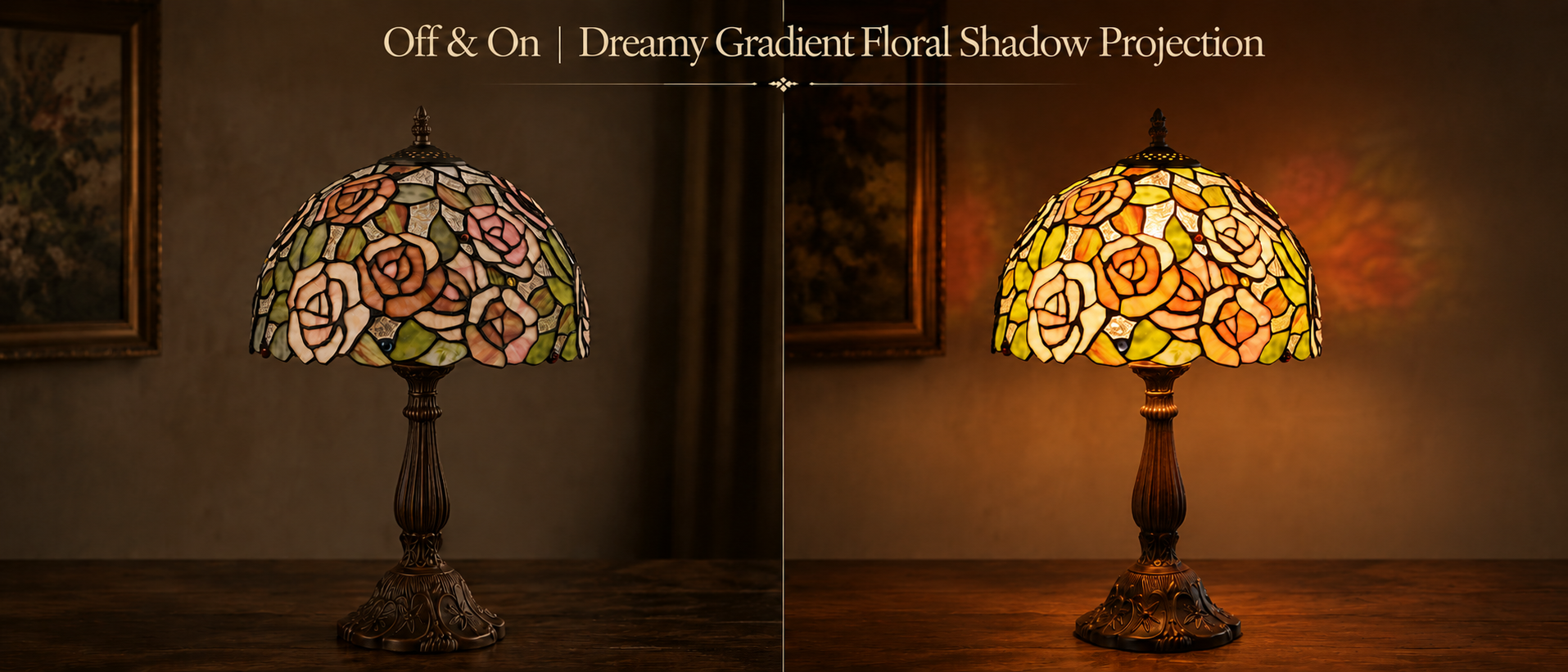 Before and after lighting comparison of Tiffany lamp showing soft glowing stained glass colors and romantic ambient illumination
