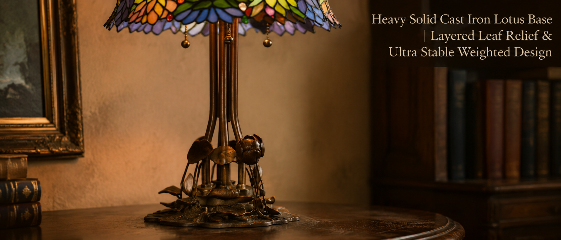 Antique style Tiffany table lamp featuring a solid cast iron lotus leaf base with detailed botanical metalwork