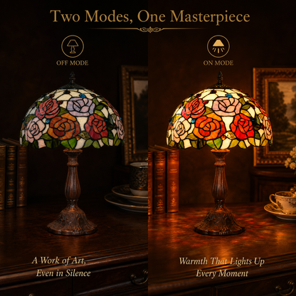 Rose Tiffany table lamp showing off and on lighting modes with warm ambient glow effect