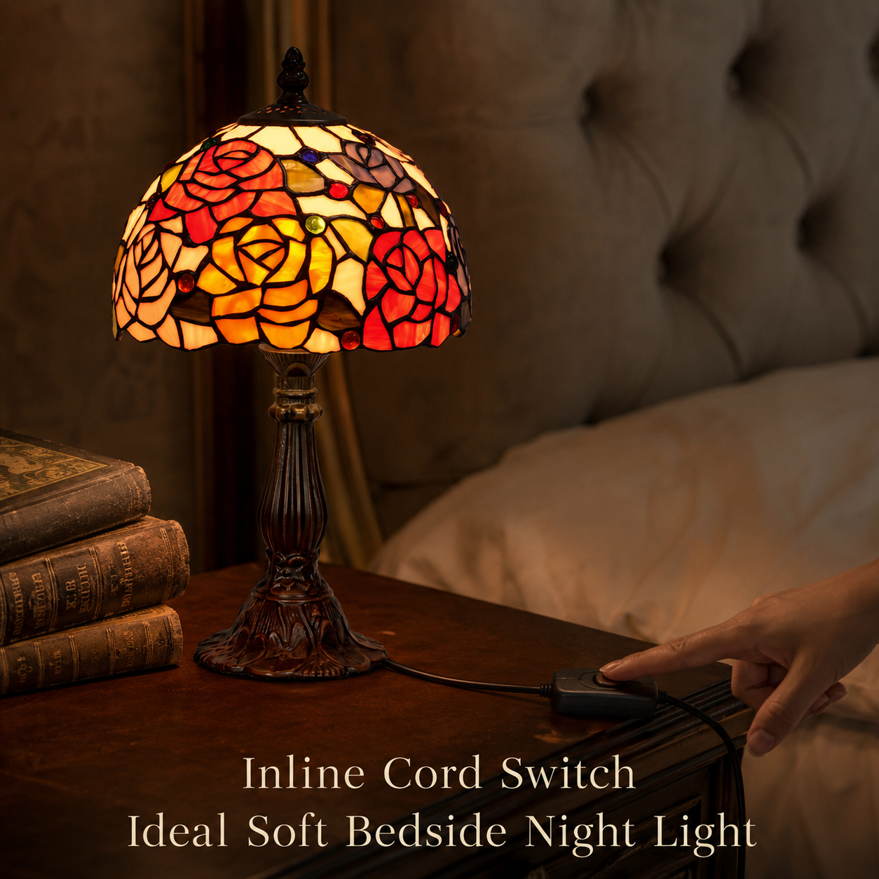 Tiffany Rose bedside lamp placed on a nightstand creating warm ambient lighting for a romantic vintage bedroom