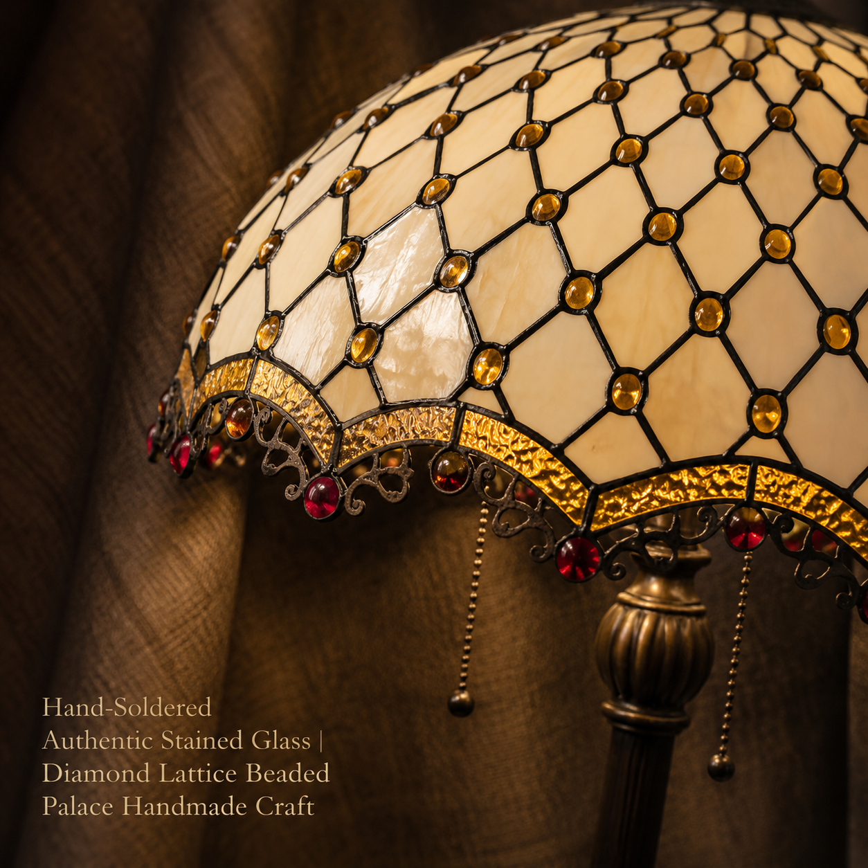 Tiffany stained glass floor lamp shade featuring diamond lattice glass pattern and handcrafted bead decoration