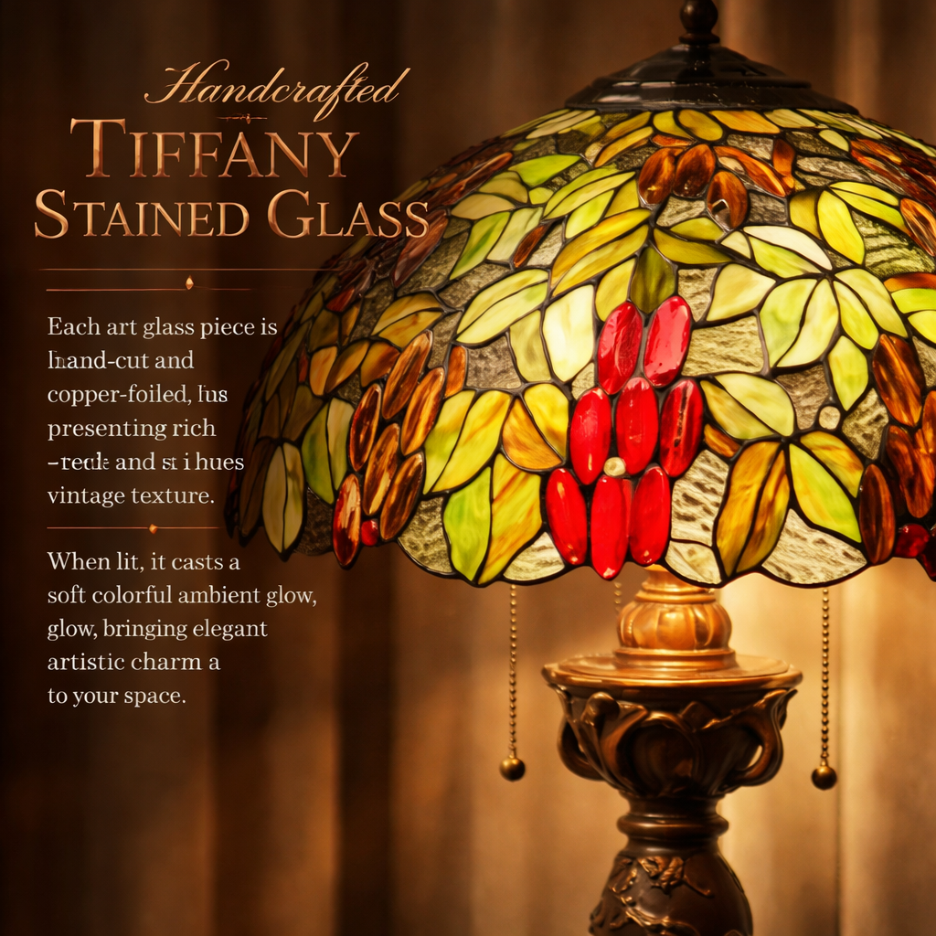 Close up view of handmade Tiffany stained glass lamp shade featuring colorful fruit orchard pattern