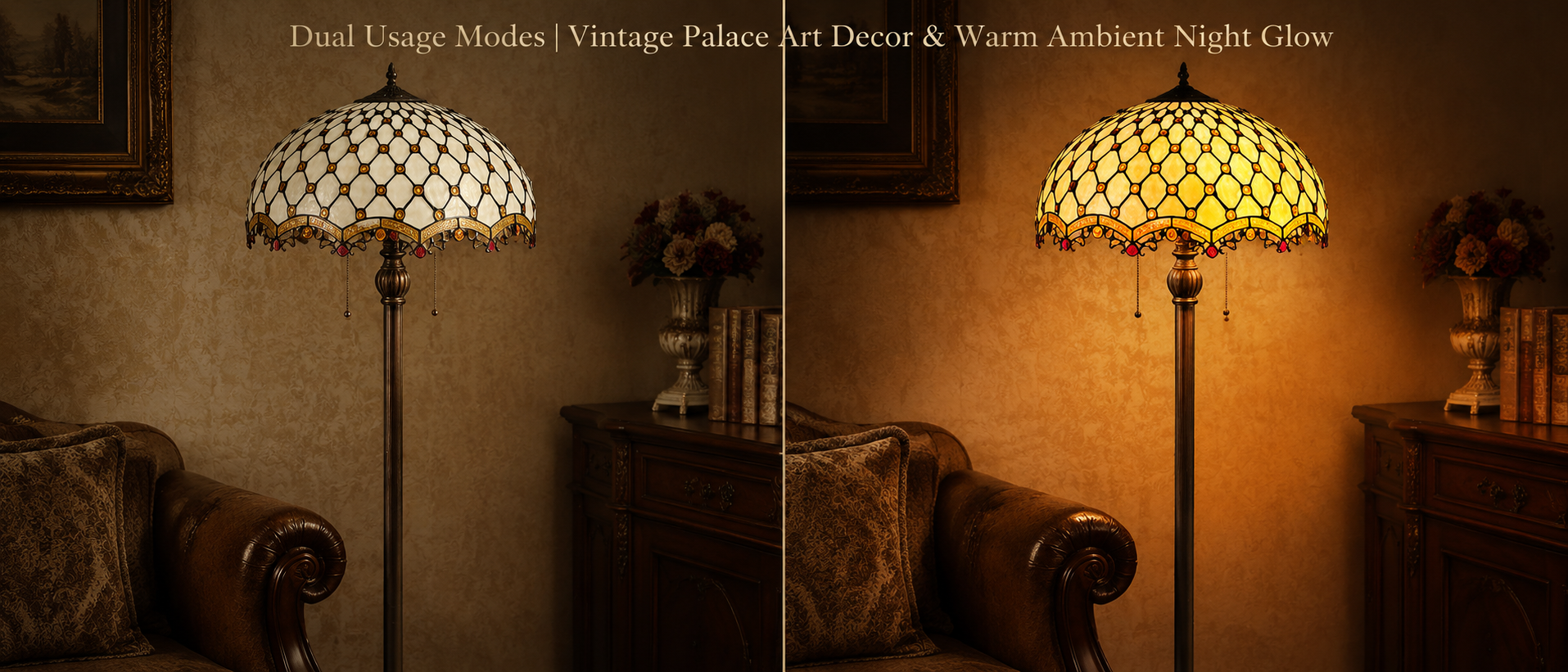 Tiffany stained glass floor lamp showing warm glowing illumination and cozy nighttime home ambiance
