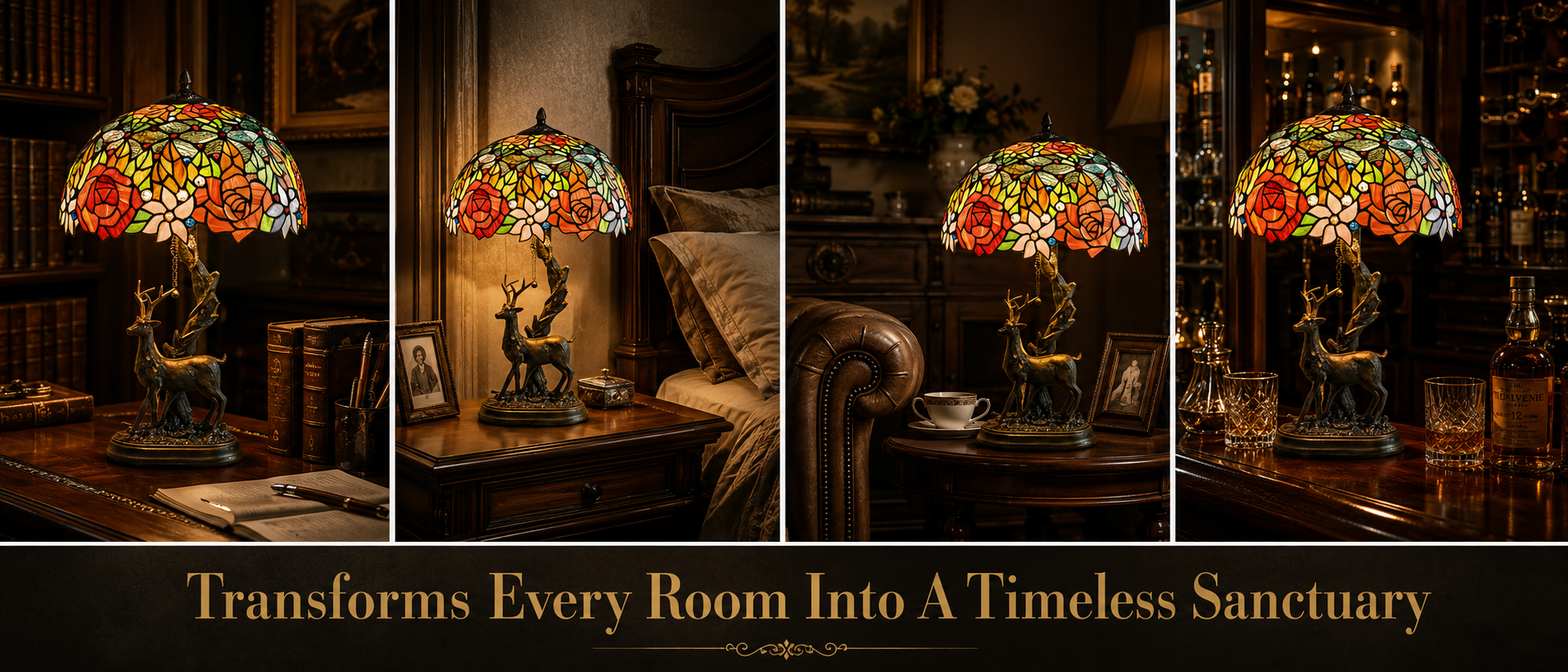 Tiffany stained glass table lamp displayed in bedroom living room study and classic home decor spaces
