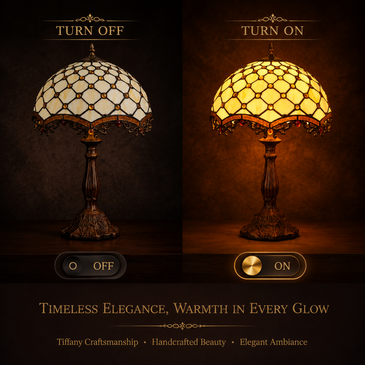 Tiffany stained glass table lamp showing warm amber glow effect with handcrafted glass shade illumination
