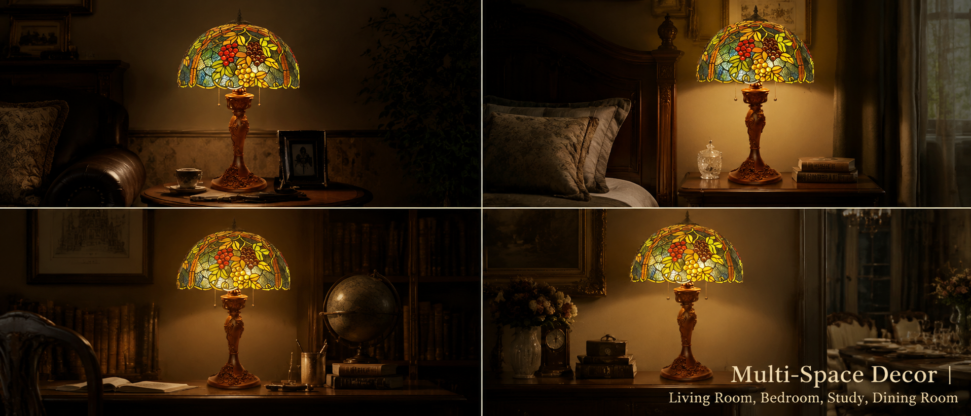 Tiffany style accent lighting displayed in bedroom study living room and dining room spaces