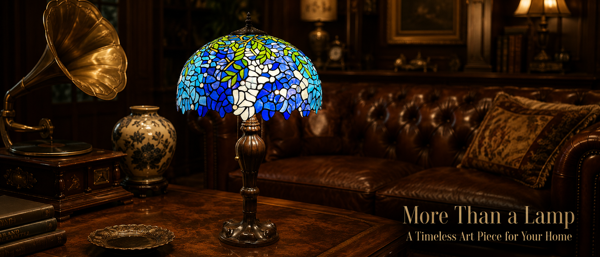 Tiffany style art lamp displayed in a luxury living room with vintage furniture creating an elegant collectible atmosphere