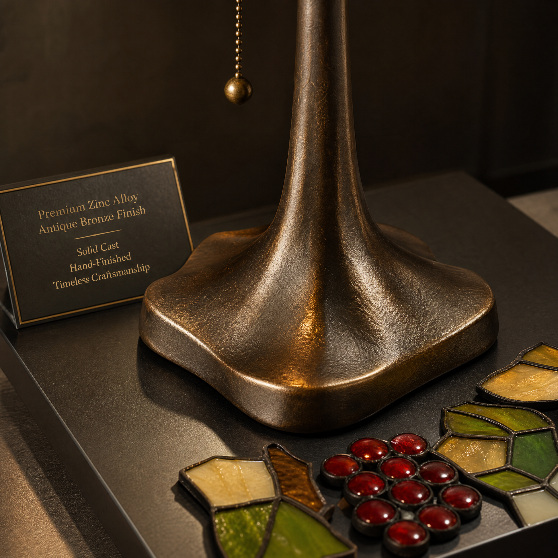 Close-up of Tiffany style banker lamp antique bronze metal base with textured vintage finish