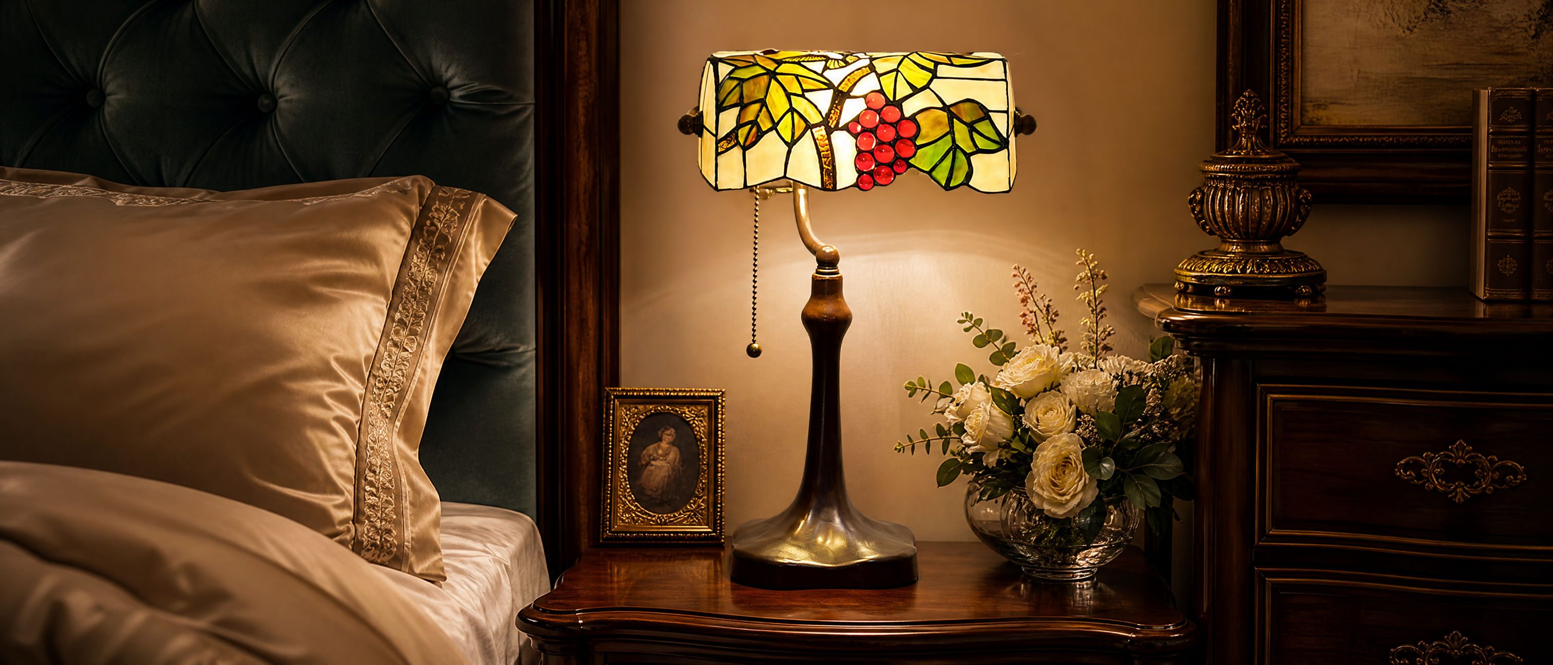 Tiffany style banker lamp with warm grape stained glass shade displayed on a vintage bedroom bedside table