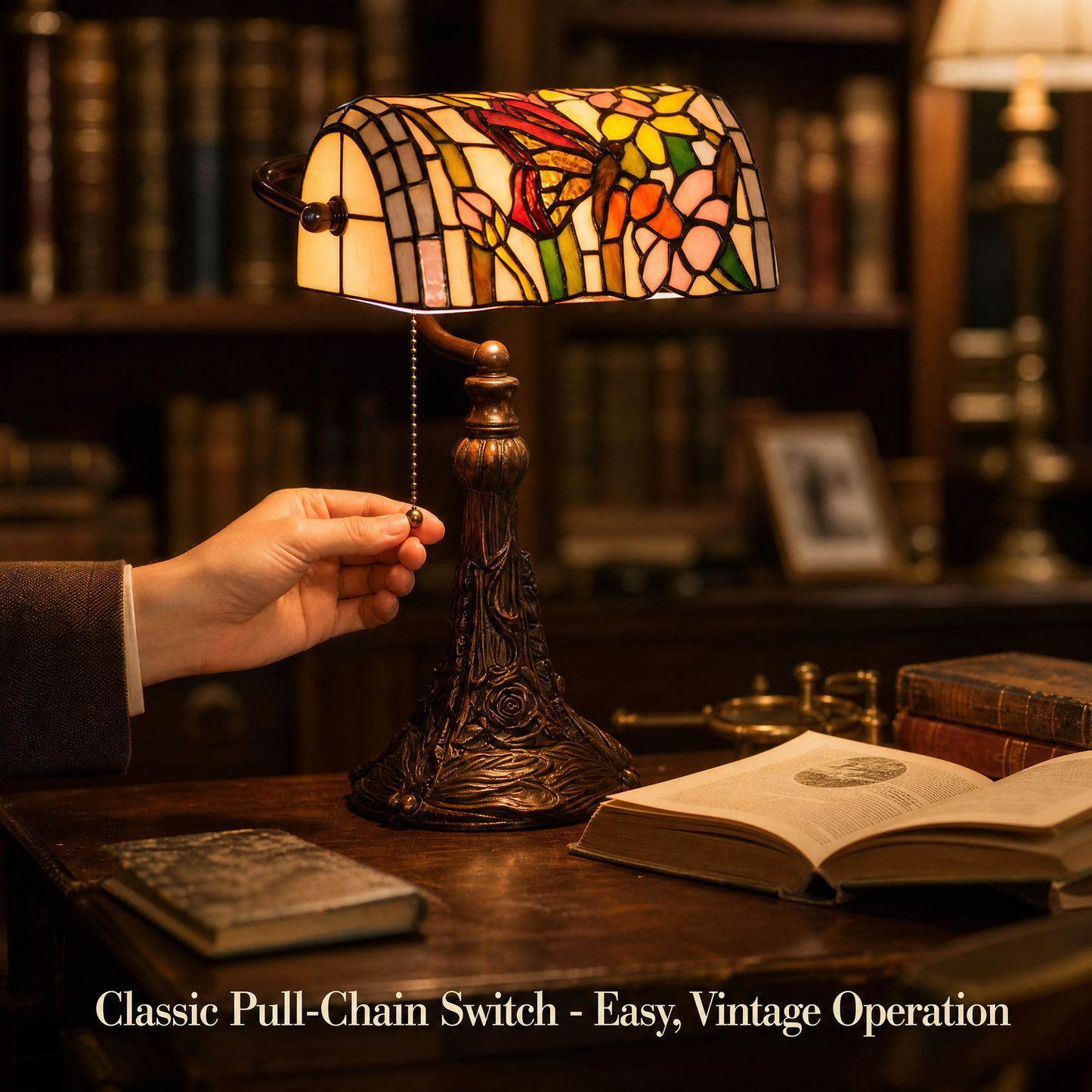 Tiffany style butterfly banker lamp with classic pull-chain switch on a vintage study desk
