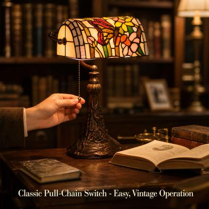 Tiffany style butterfly banker lamp with classic pull-chain switch on a vintage study desk