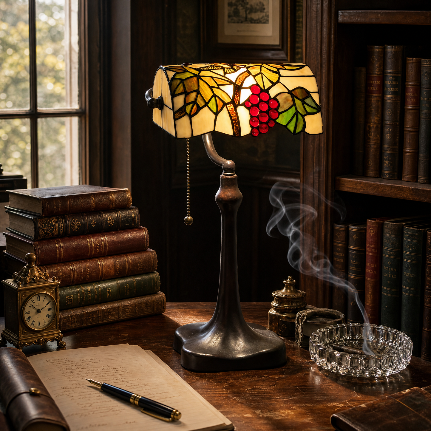 Tiffany style banker lamp used as a stained glass desk lamp in a vintage study with books and writing accessories