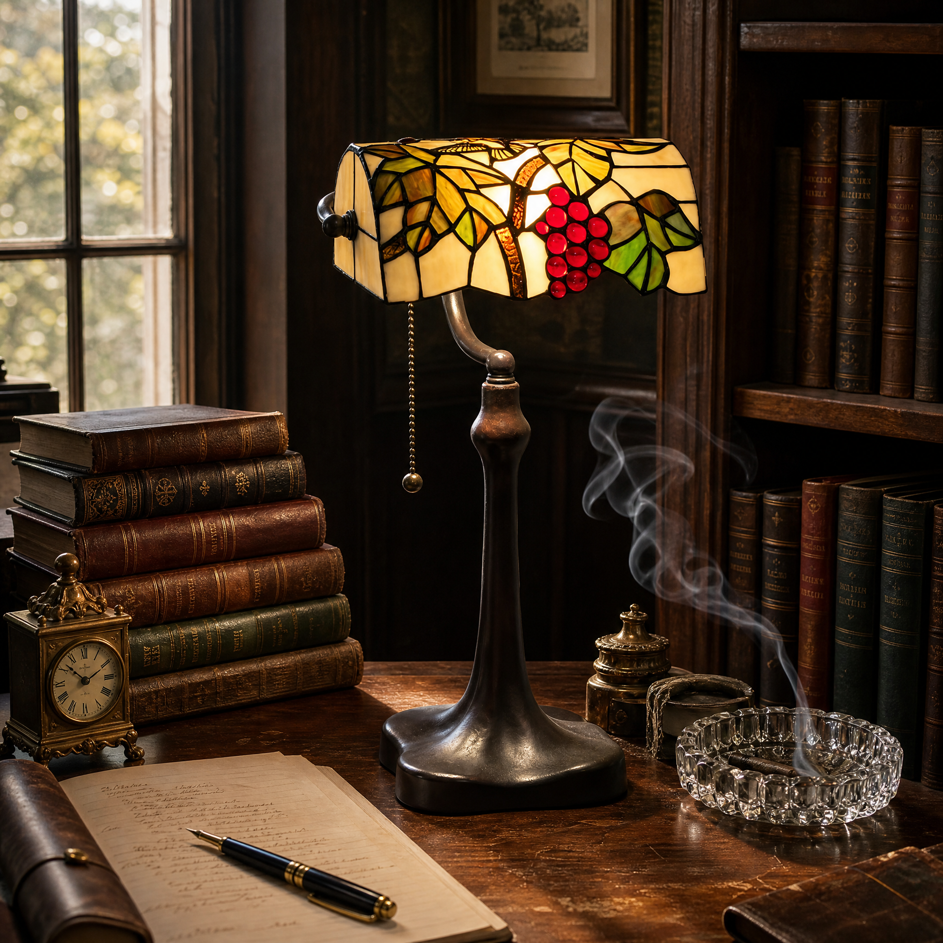 Tiffany style banker lamp used as a stained glass desk lamp in a vintage study with books and writing accessories
