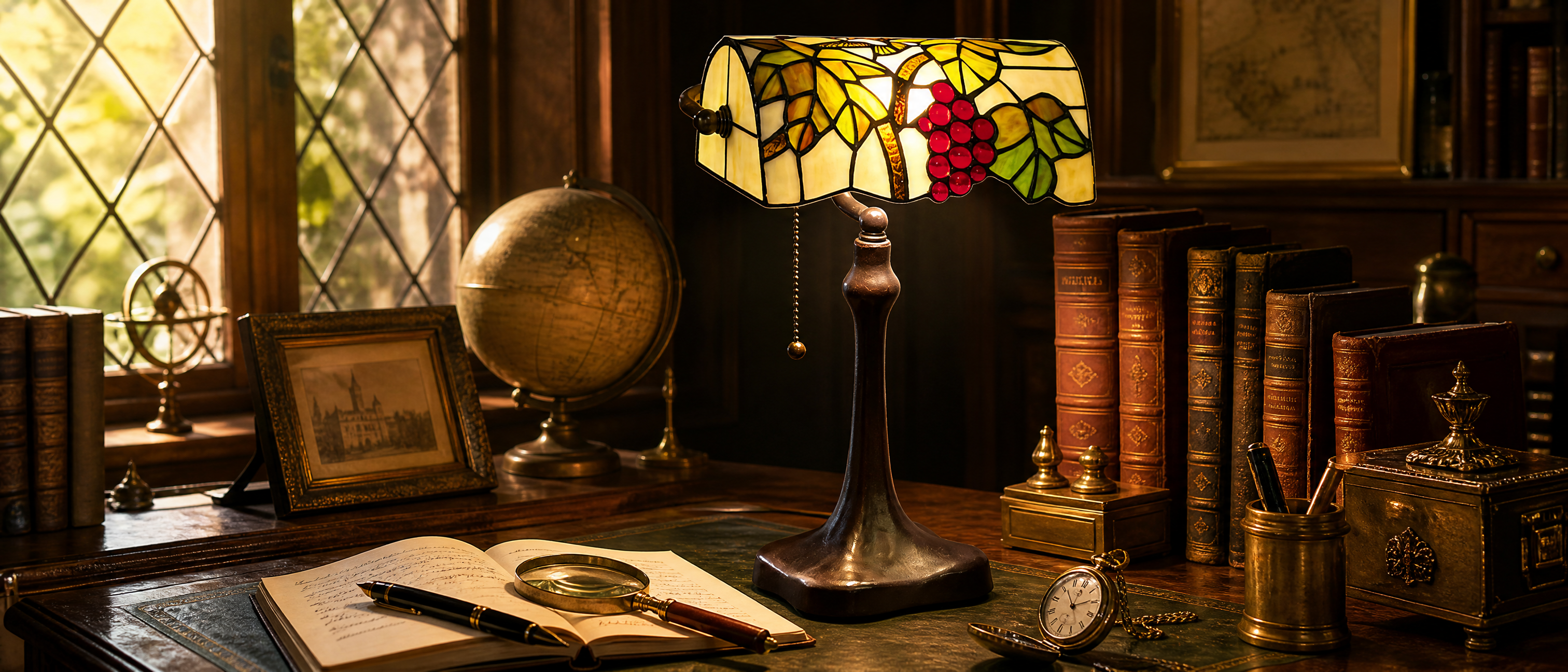 Tiffany style banker lamp with stained glass grape shade on a vintage study desk with books and writing accessories