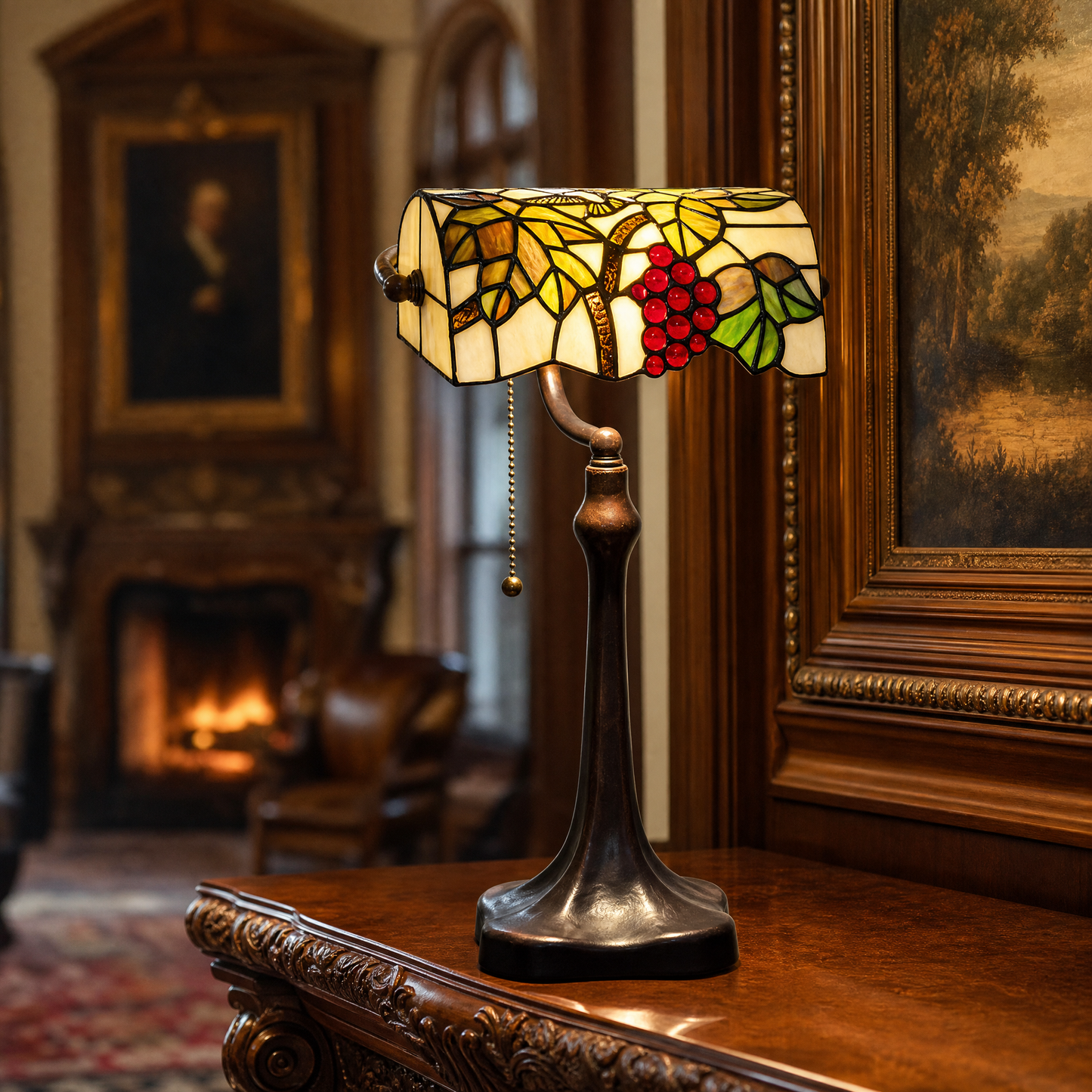 Tiffany style banker lamp with stained glass shade displayed on a vintage table in a traditional living room