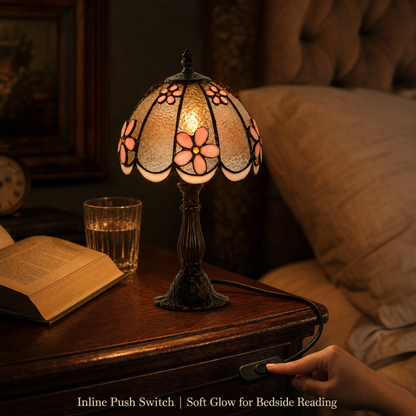 Tiffany style pink floral bedside lamp with inline push switch providing warm light for bedroom reading