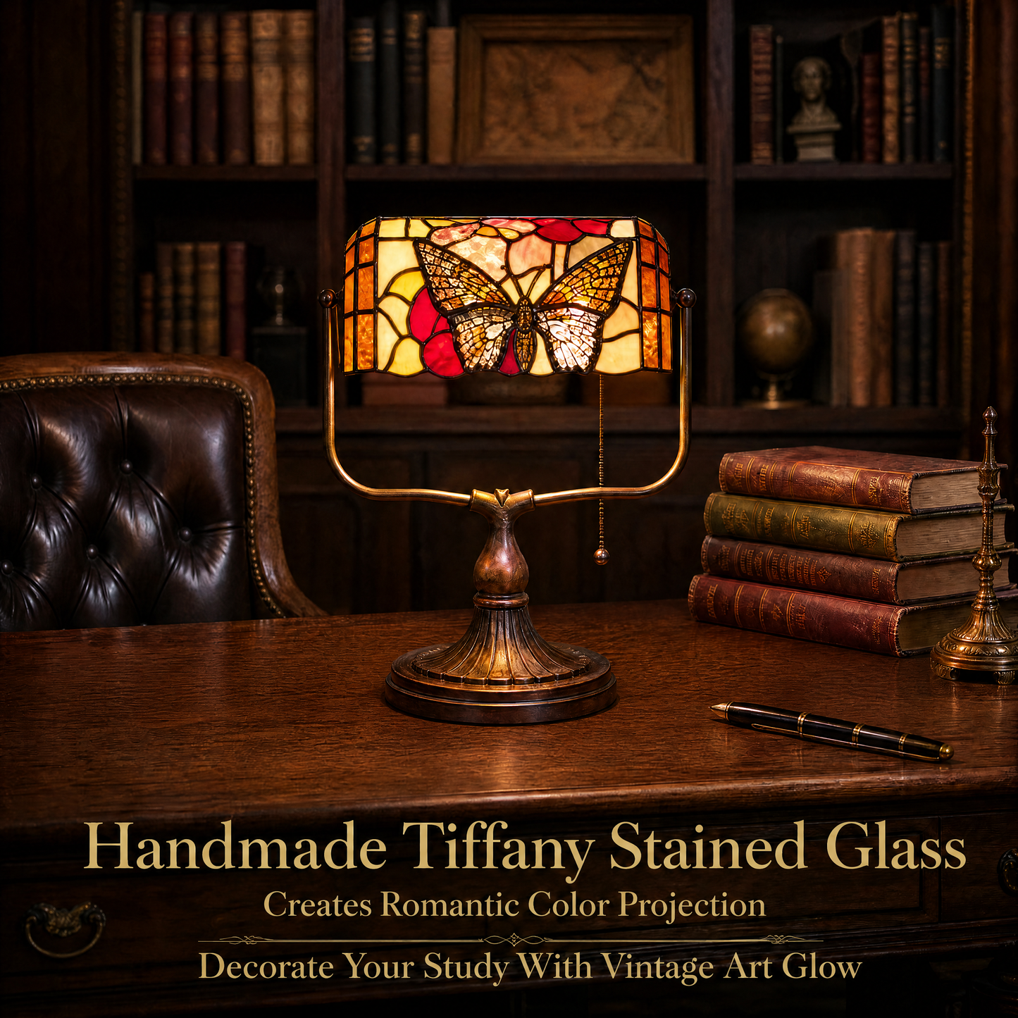Tiffany style butterfly banker lamp with handcrafted stained glass shade displayed on a vintage study and office desk
