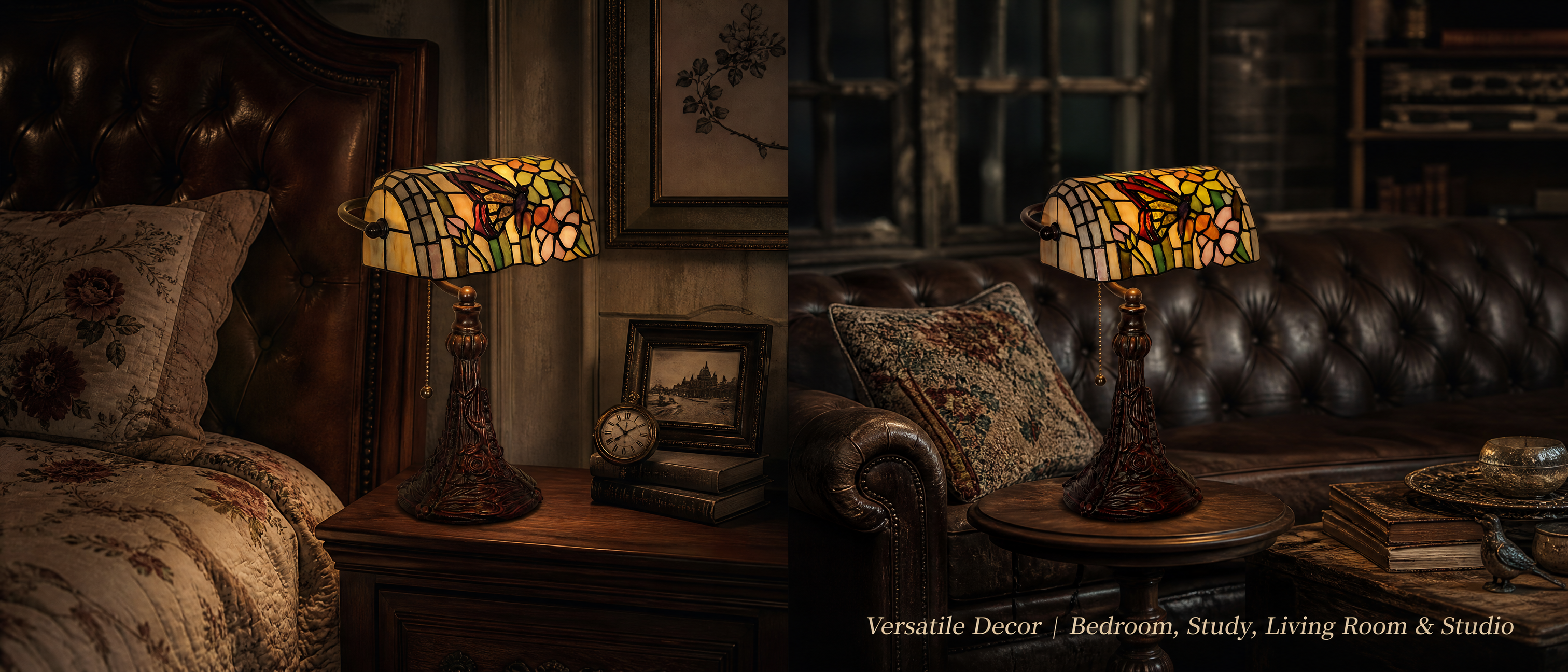 Tiffany style butterfly banker lamp with stained glass shade displayed in vintage bedroom and living room settings