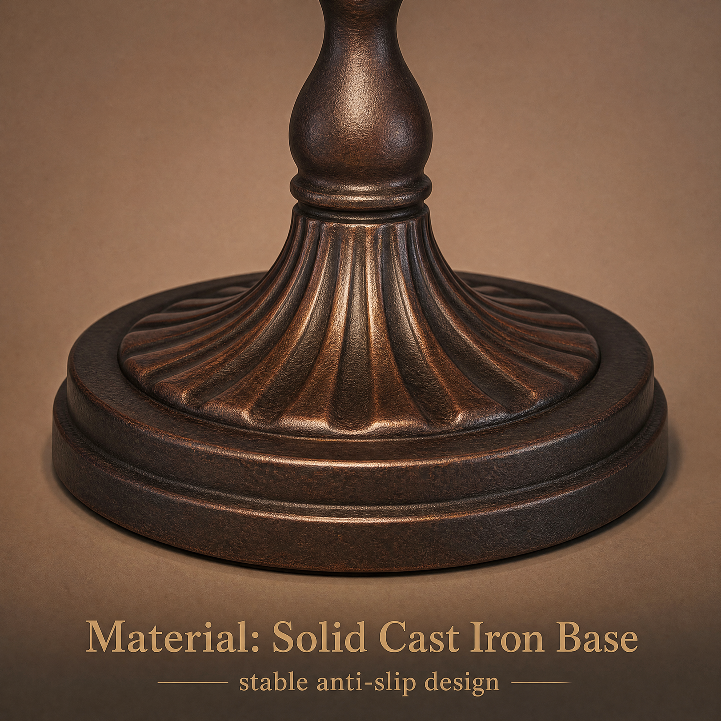 Close-up of solid cast iron base on a Tiffany style butterfly banker lamp with antique bronze finish and stable design
