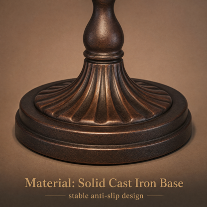 Close-up of solid cast iron base on a Tiffany style butterfly banker lamp with antique bronze finish and stable design