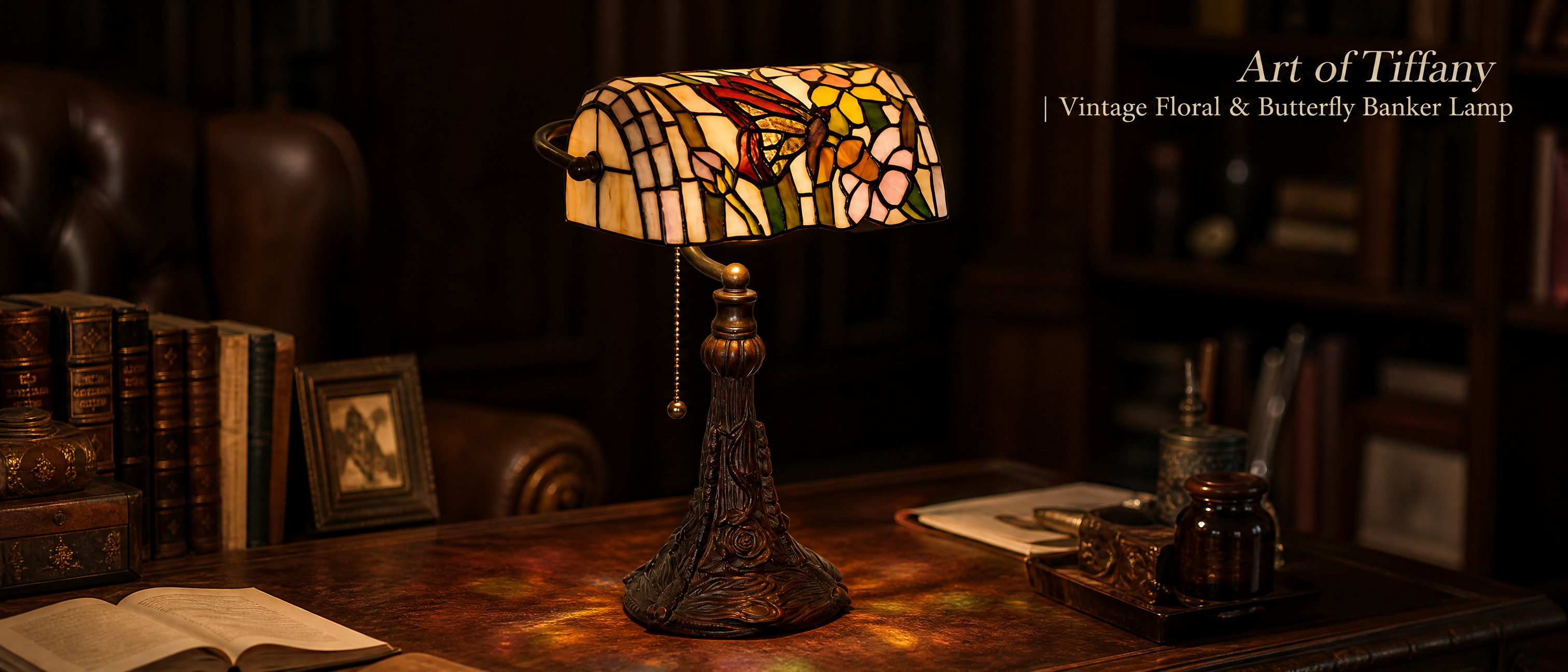 Tiffany style butterfly banker lamp with colorful stained glass shade and vintage carved base displayed on a traditional study desk