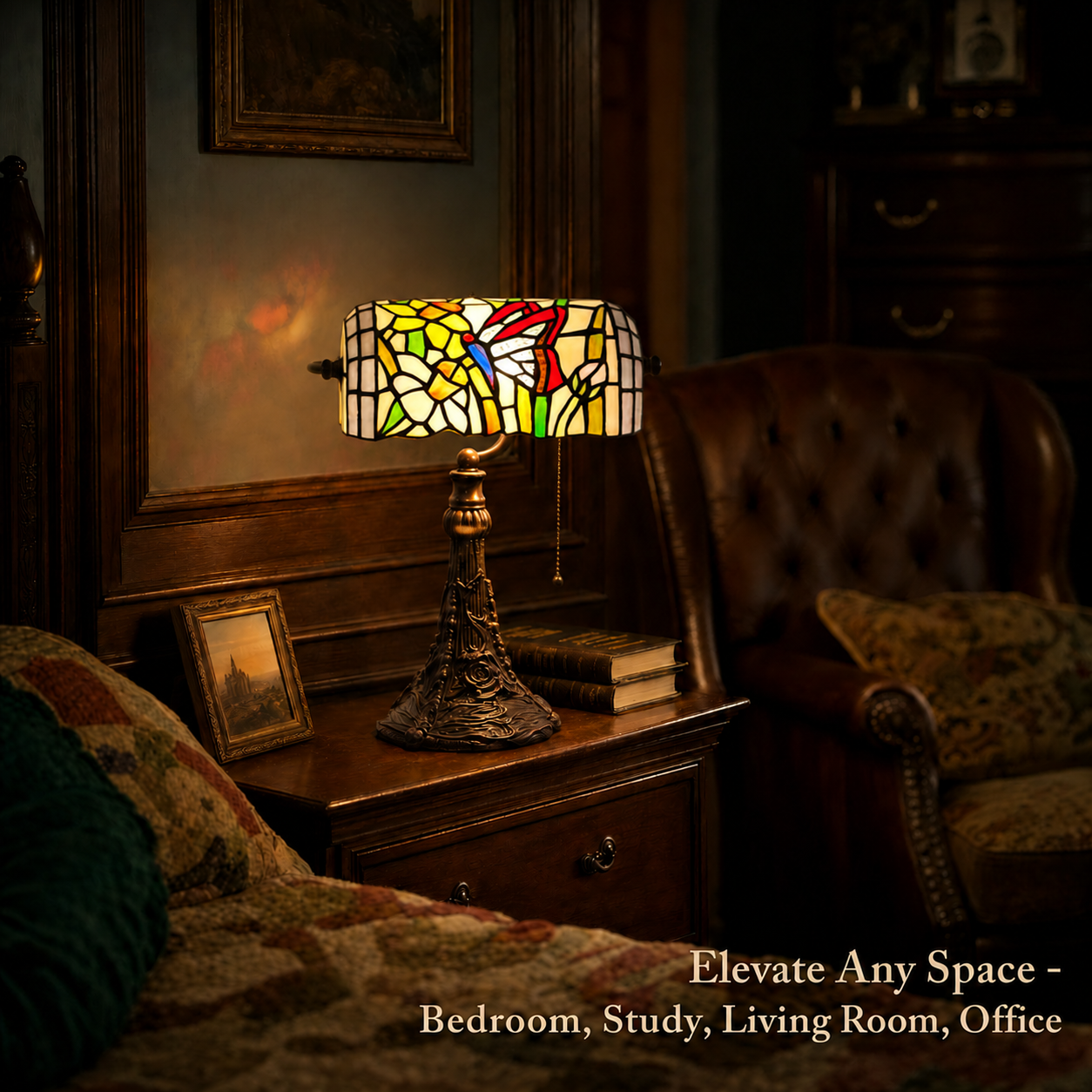 Tiffany style butterfly banker lamp with stained glass shade displayed in a vintage study and home office setting