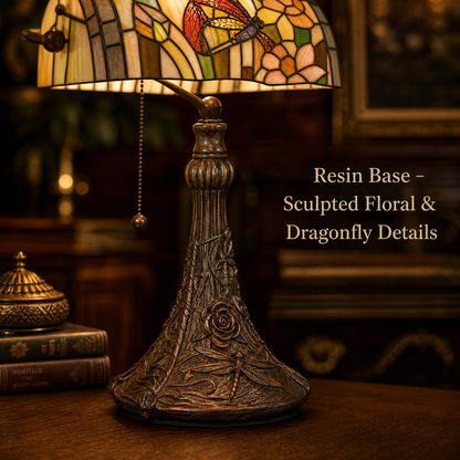Tiffany style butterfly banker lamp with decorative vintage resin base featuring sculpted floral and butterfly details