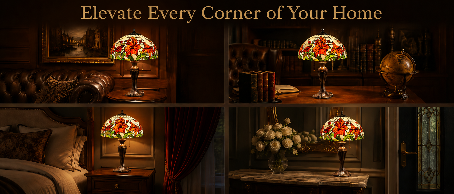 Red lily floral stained glass table lamp displayed in living room bedroom study and entryway interiors