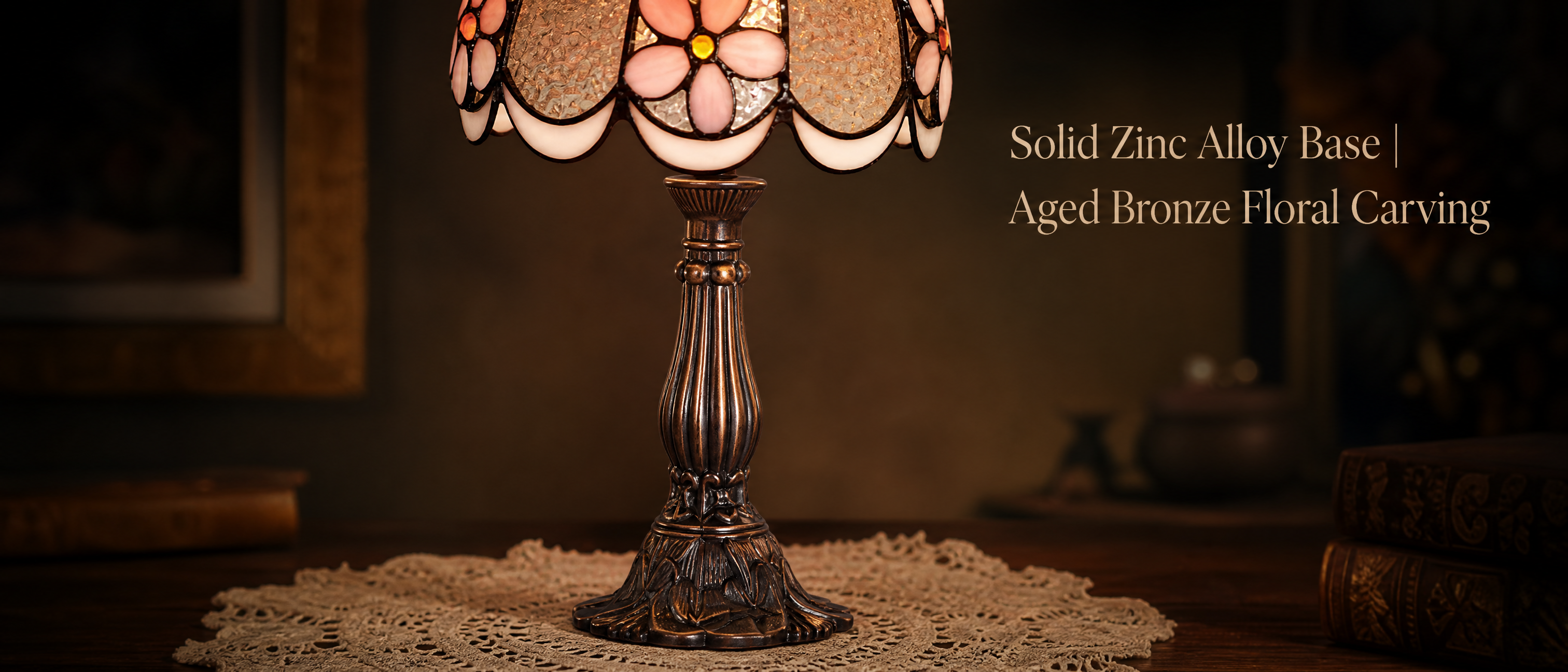 Tiffany style pink floral table lamp with antique bronze zinc alloy base and decorative vintage carving