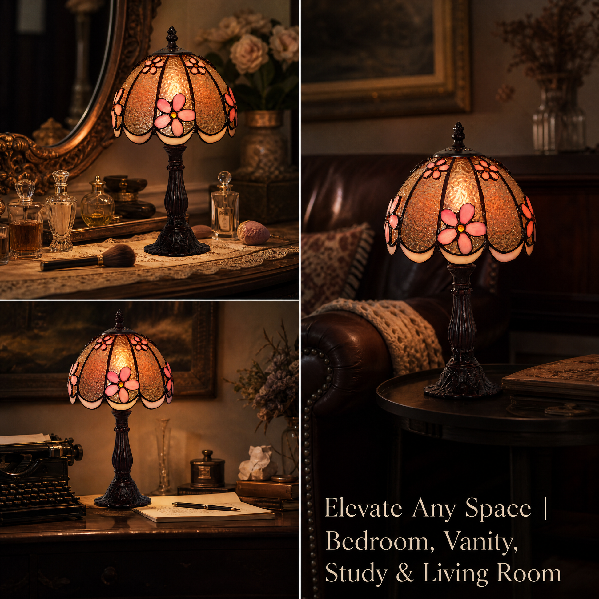 Pink floral Tiffany style table lamp displayed in bedroom, vanity, study and living room settings