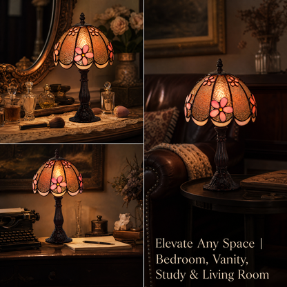 Pink floral Tiffany style table lamp displayed in bedroom, vanity, study and living room settings