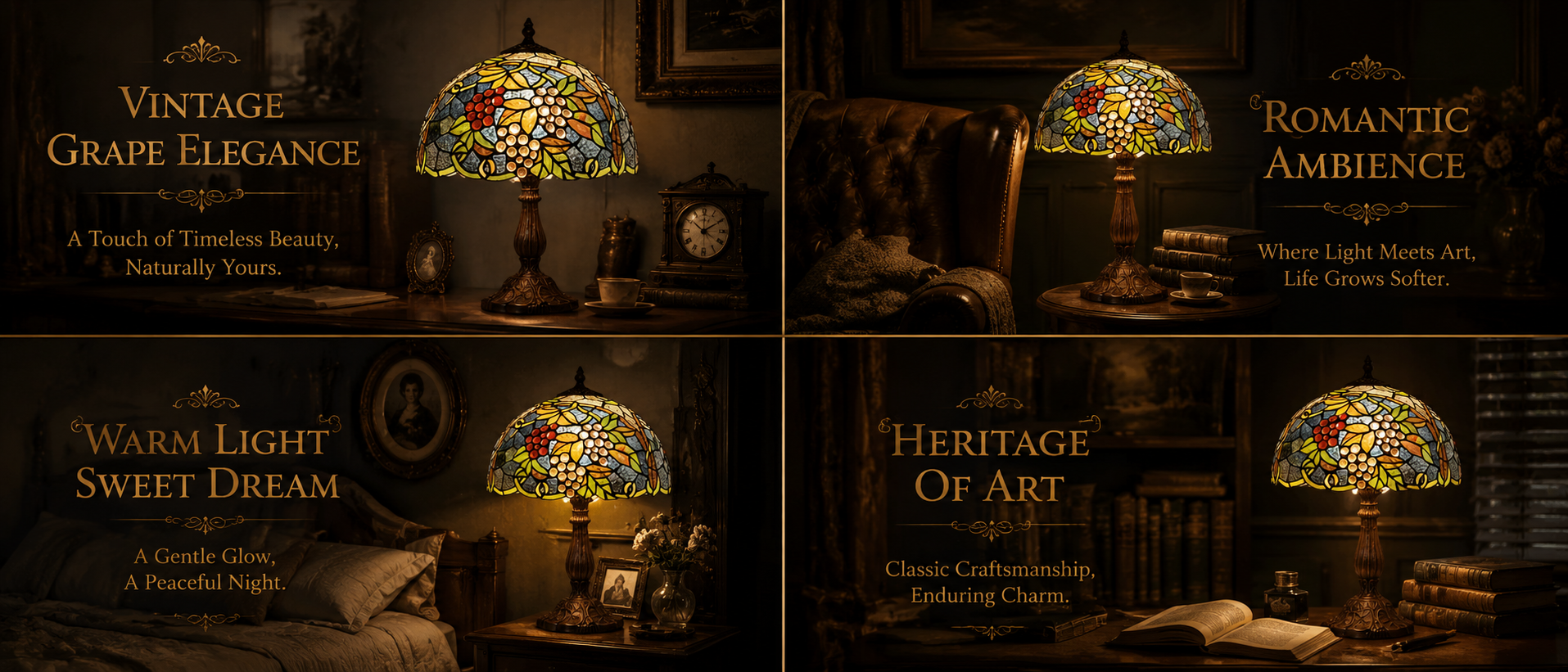 Tiffany style lamp displayed in bedroom, living room and reading spaces with warm decorative lighting atmosphere