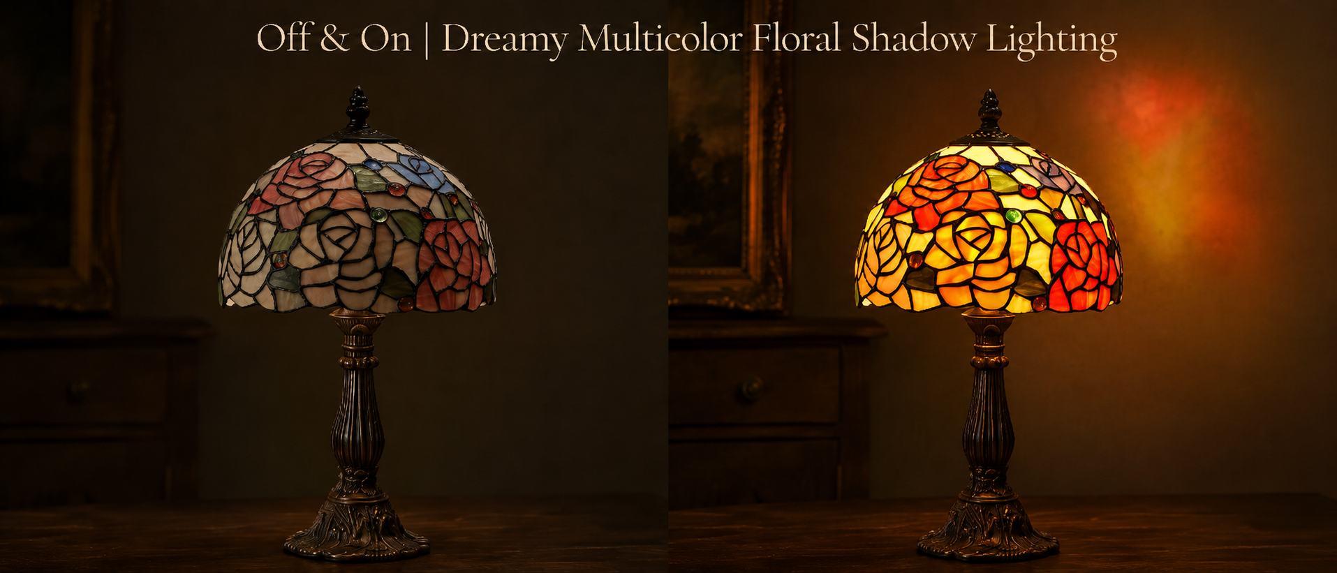 Tiffany style lamp showing off and on lighting effect with colorful stained glass shade and warm floral glow