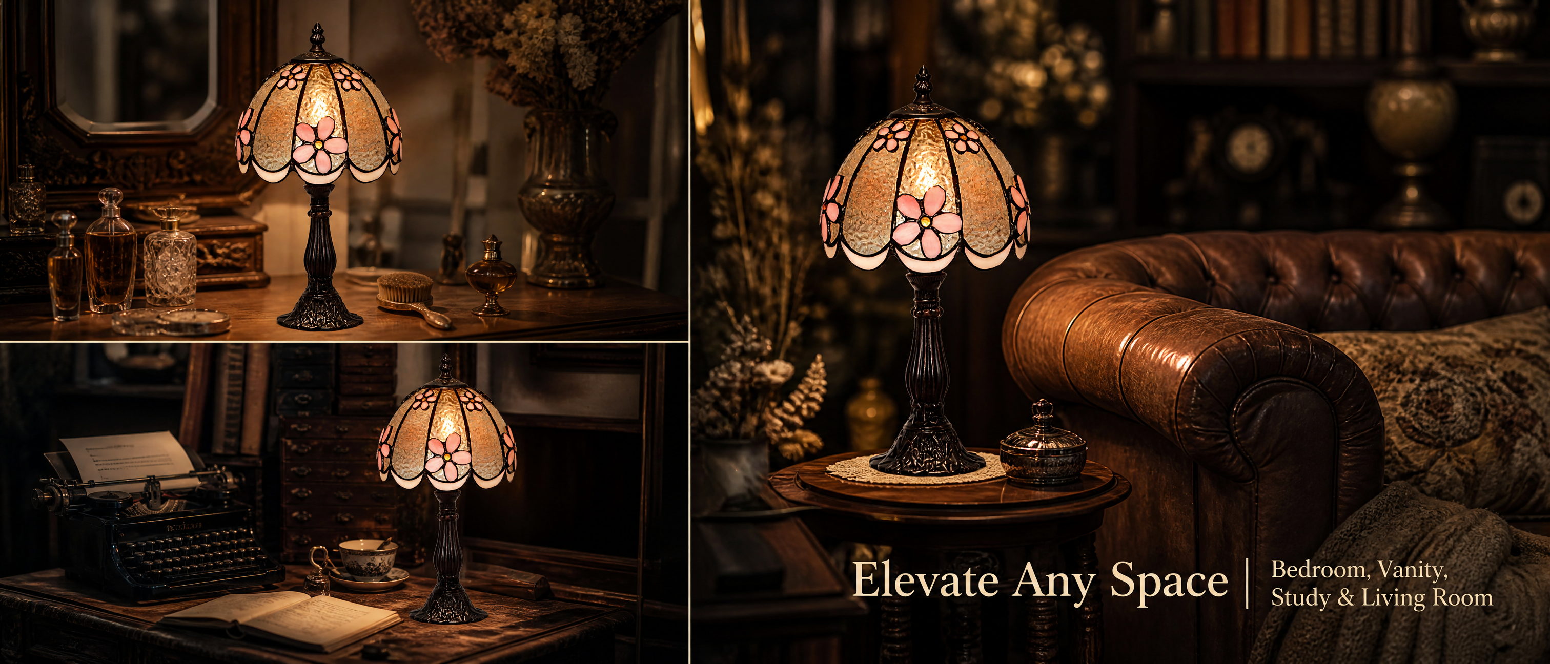 Pink floral Tiffany style table lamp displayed in bedroom, vanity, study and living room settings with warm stained glass lighting