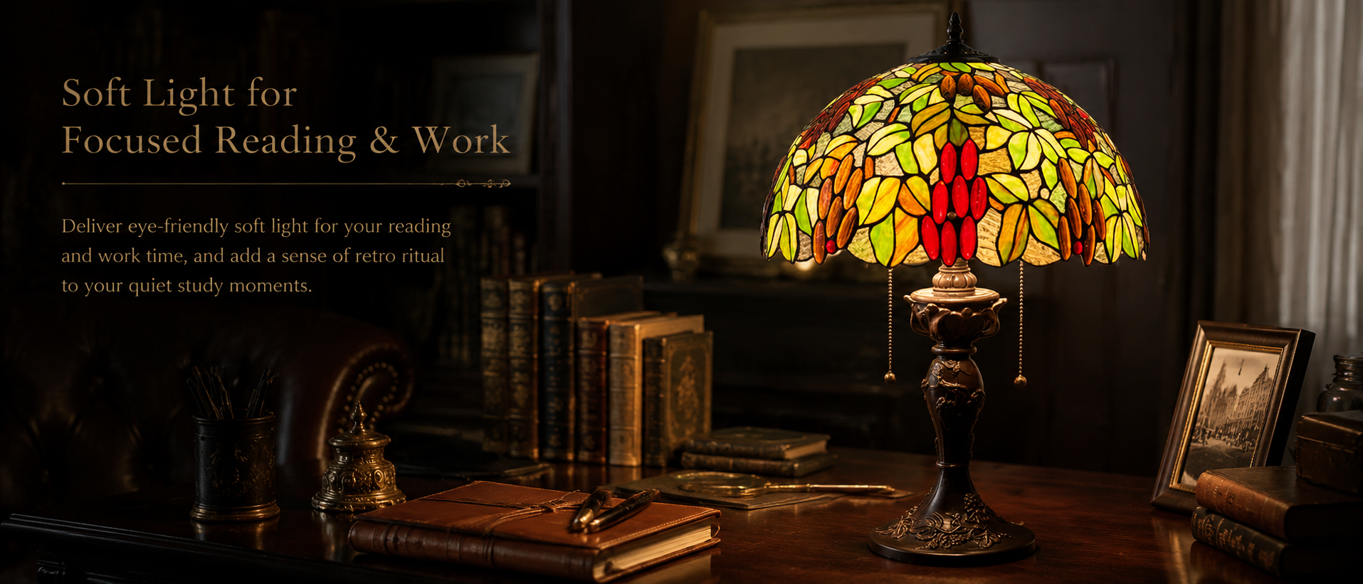 Tiffany style reading lamp placed in a classic study room with soft light for reading and working