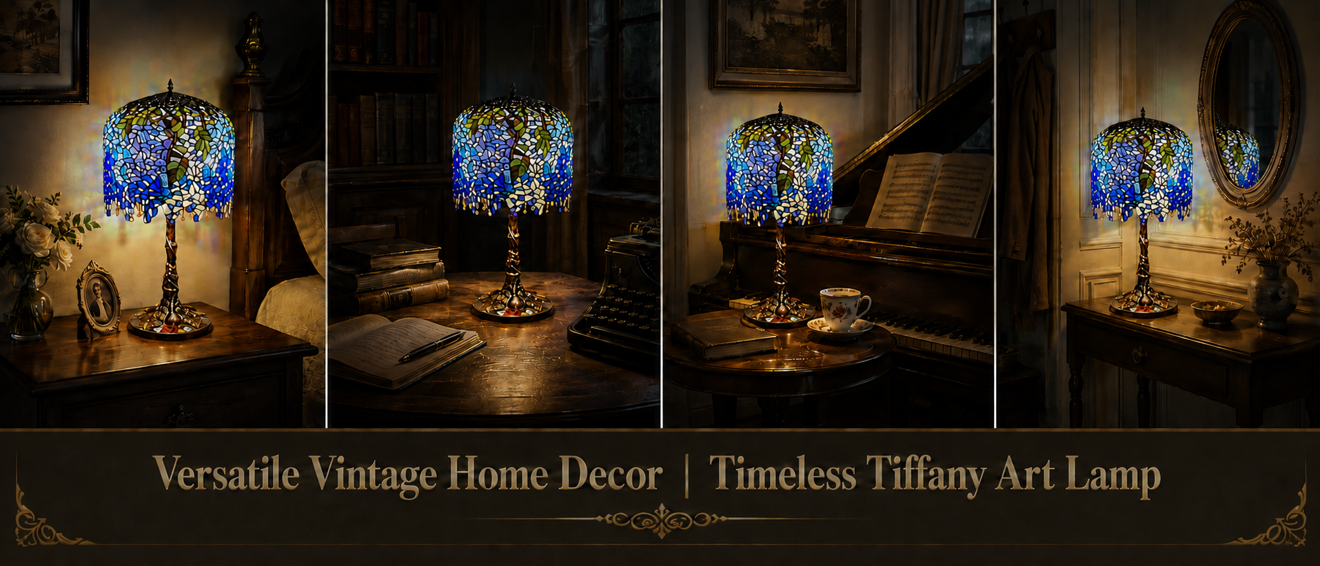 Tiffany table lamp displayed in bedroom, study, piano room and entryway for elegant vintage home decoration