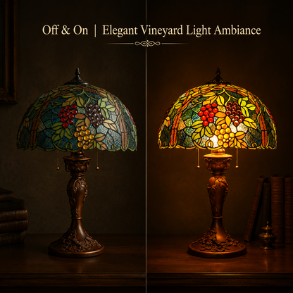 Tiffany table lamp showing off and illuminated lighting effect with warm stained glass glow